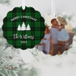 Green Buffalo Plaid Family Photo Ornament Card