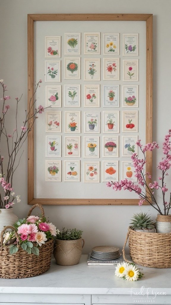 A vintage seed packet art display framed on a wall, surrounded by fresh flowers and rustic decor.